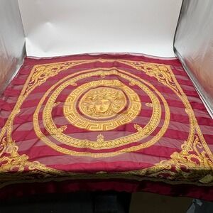 Versace Style Burgundy Gold Silk Medusa Greek Key Baroque Sheer Scarf